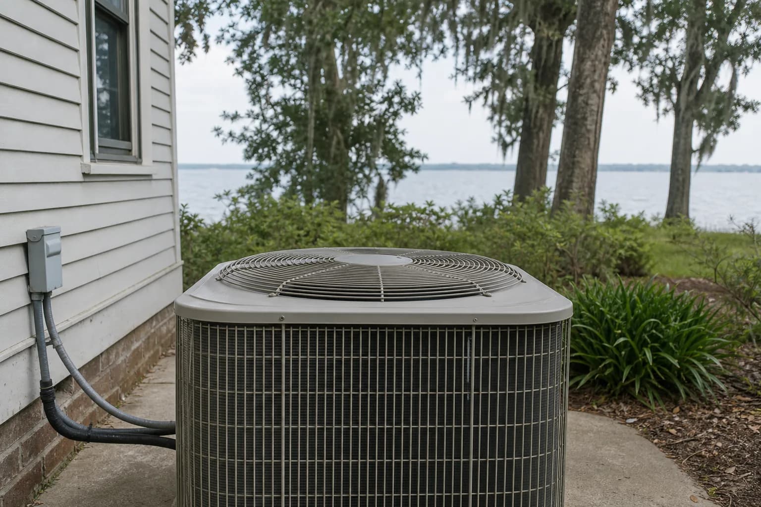 AC condenser being serviced at a Magnolia Springs Mobile Bay home, coil detail, summer
