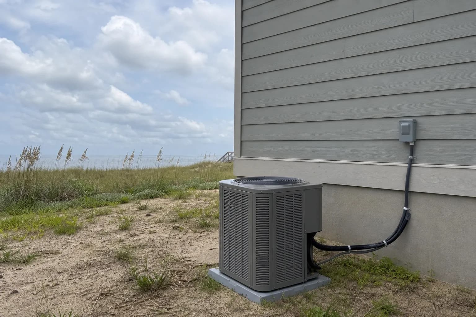 Newly installed AC condenser at a Gulf Shores Gulf-front home, install detail, summer