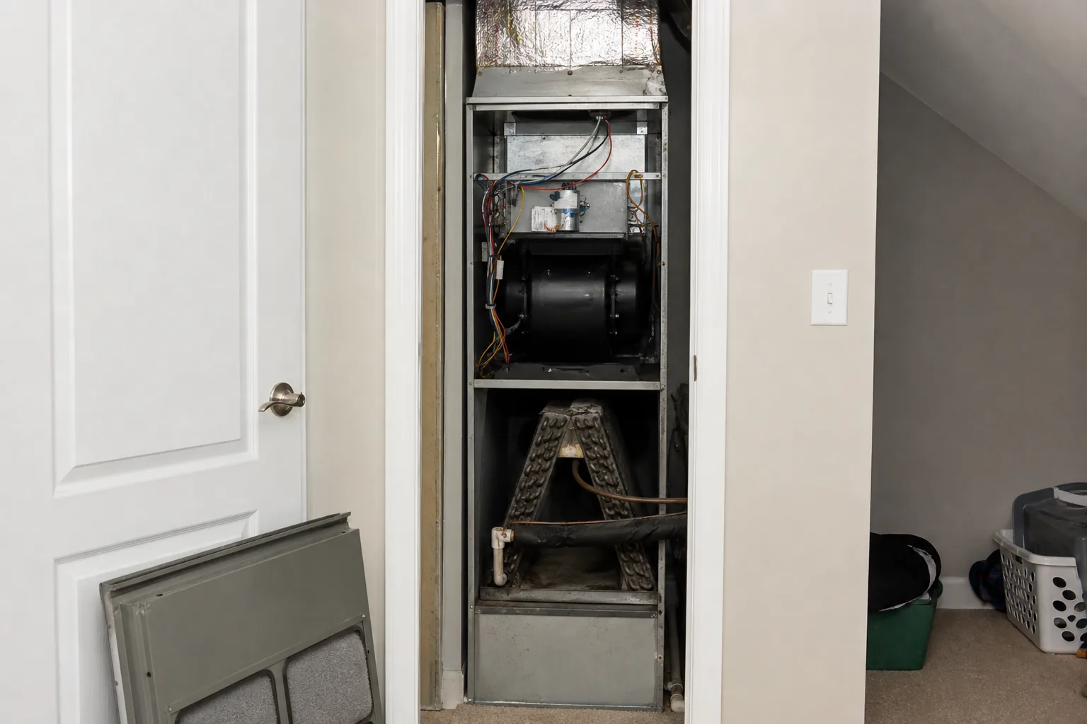 Indoor air handler being serviced in a Daphne home bonus room, interior view
