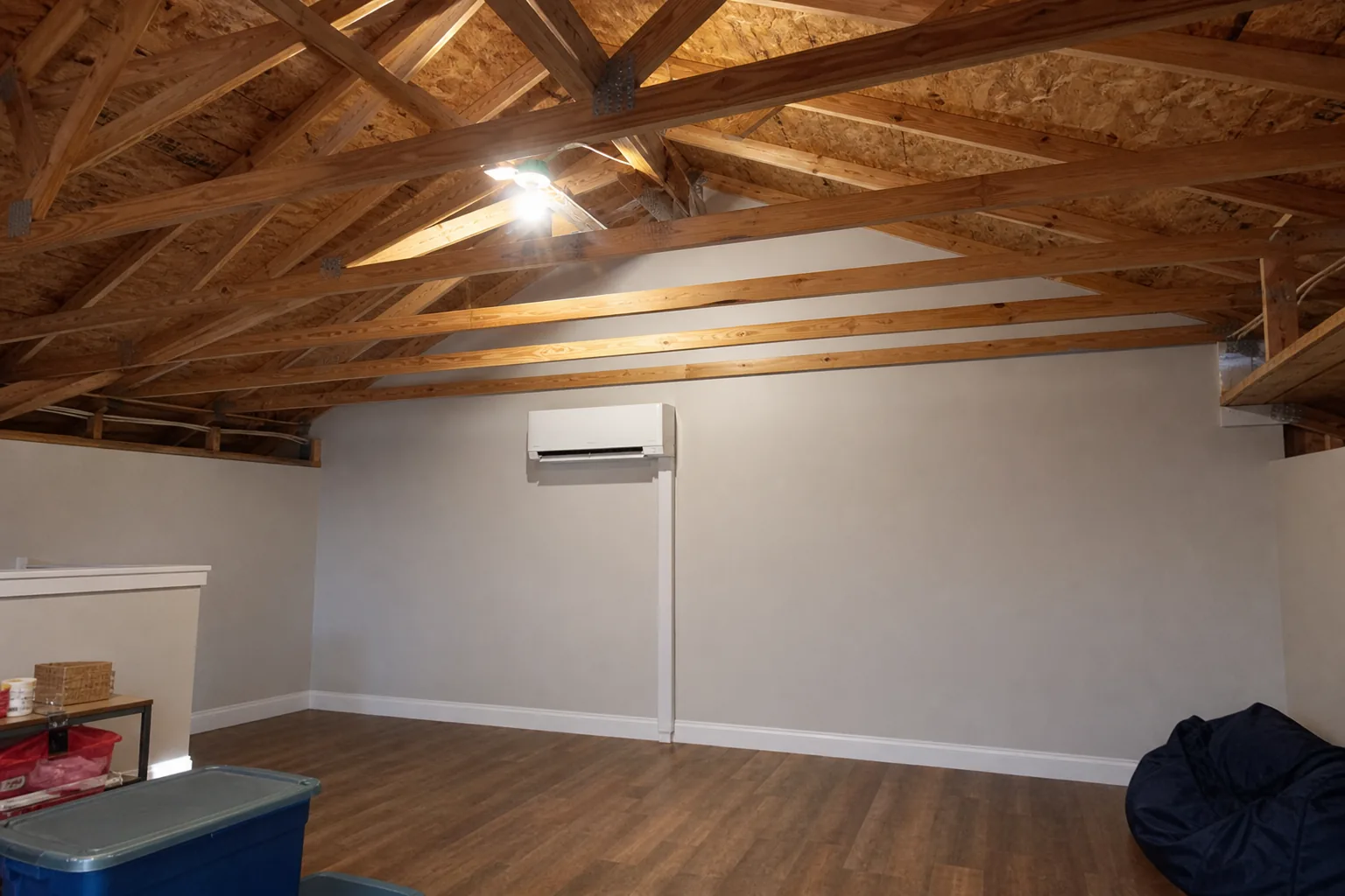Newly installed ductless mini-split in a Fairhope home attic, tune-up view