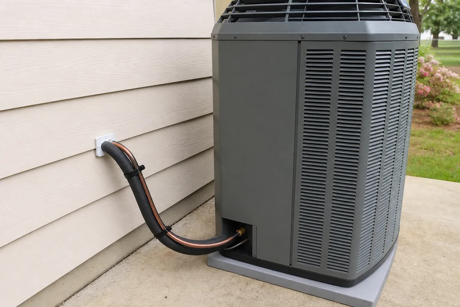 Newly installed AC condenser at a Baldwin County inland Baldwin County home, disconnect view, spring