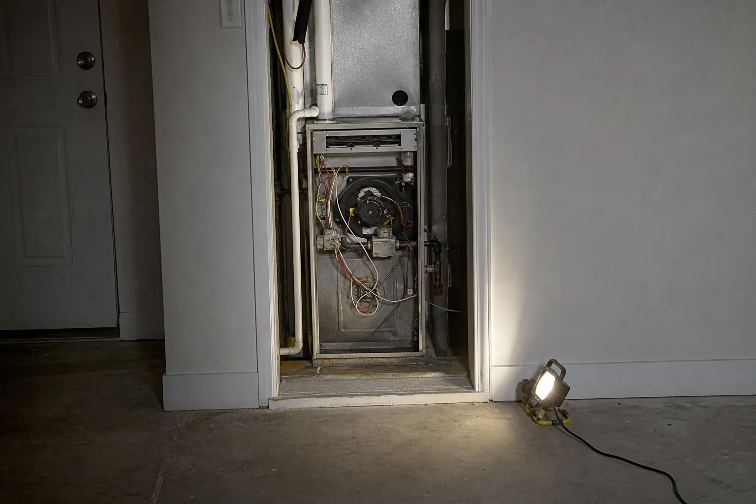 Indoor HVAC unit on an after-hours call in a Fort Morgan home garage, indoor detail