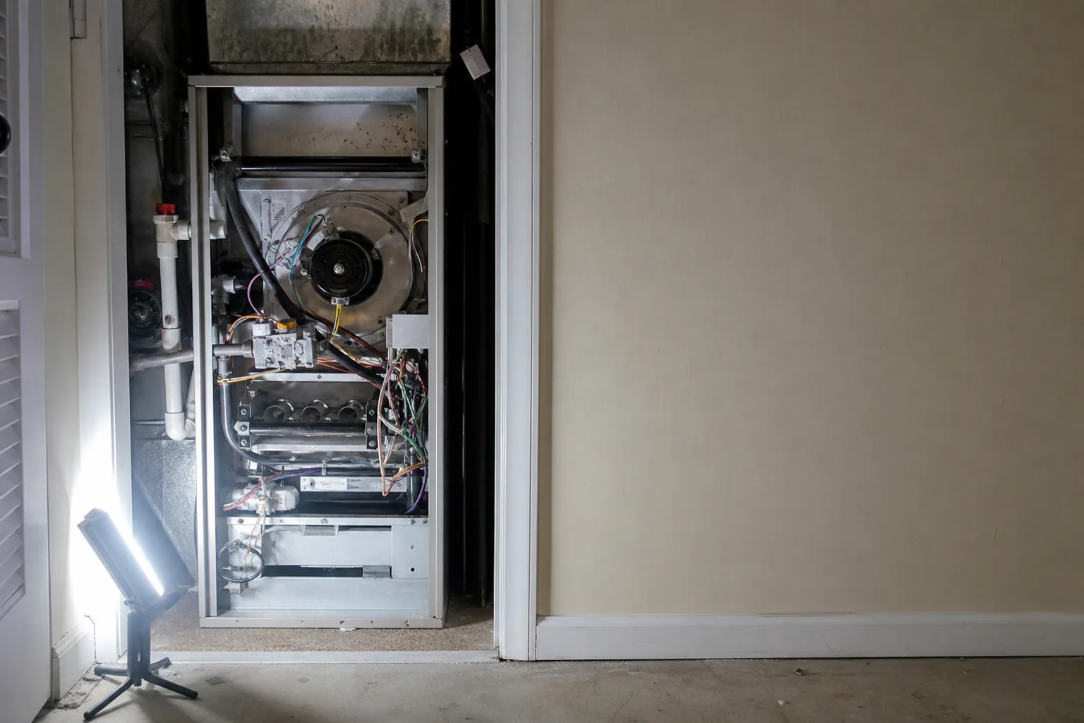 Indoor HVAC unit on an after-hours call in a Robertsdale home hallway, plenum detail