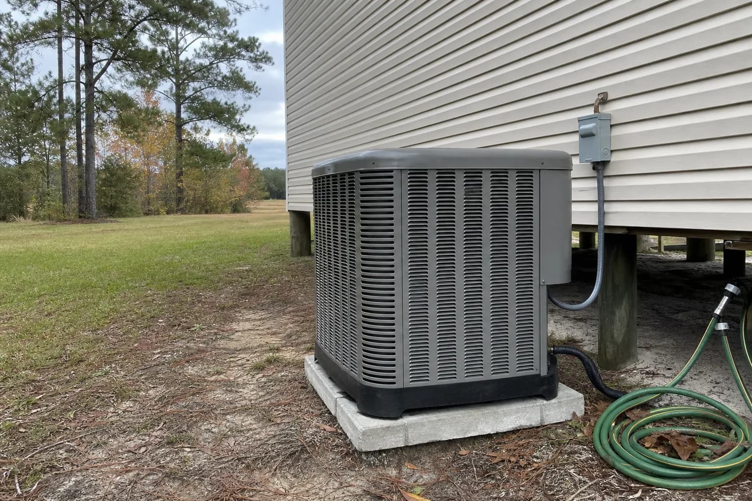 AC unit being maintained at a Silverhill inland Baldwin County home, routine check, fall