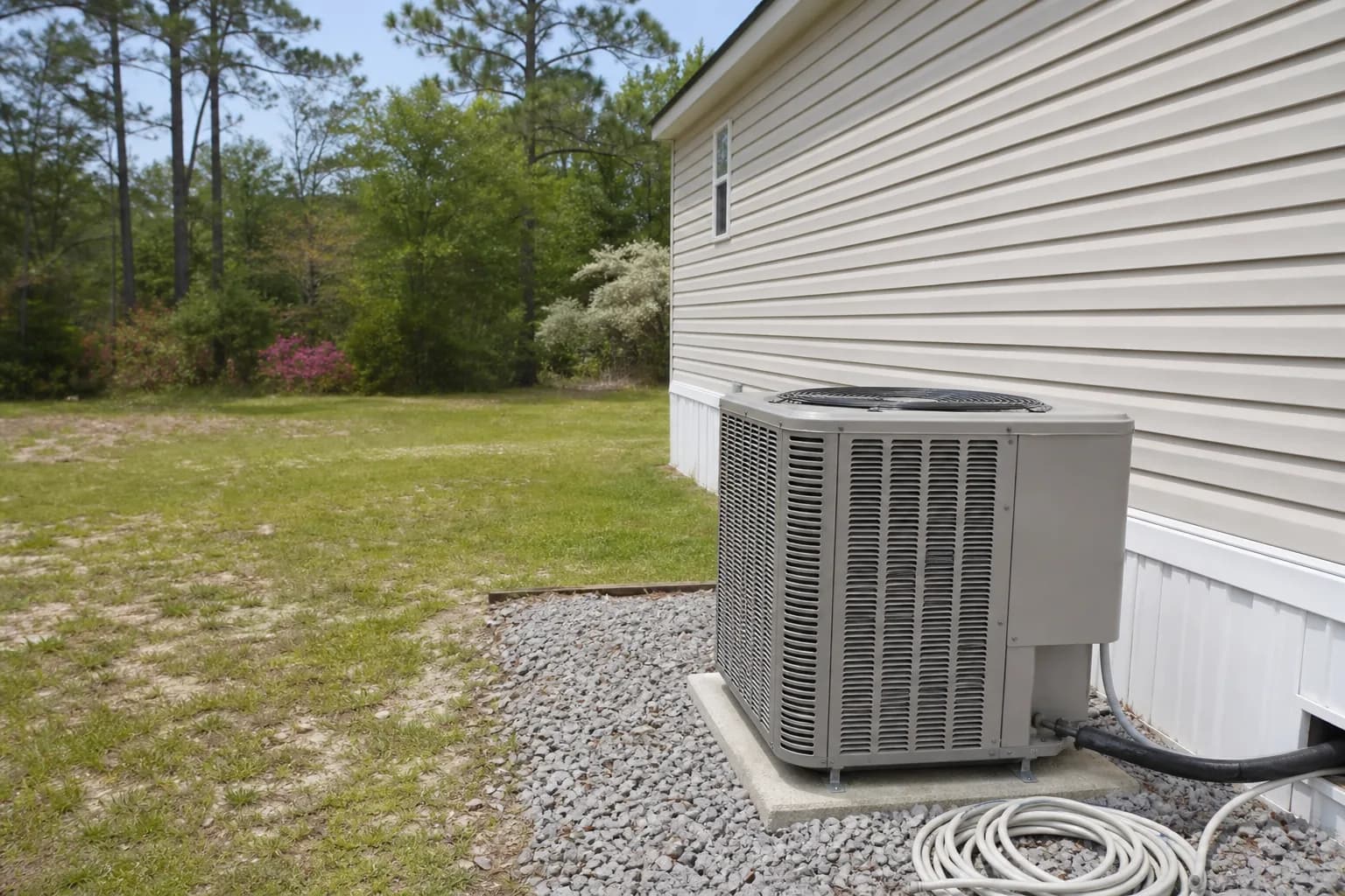 AC unit being maintained at a Stockton inland Baldwin County home, exterior view, spring