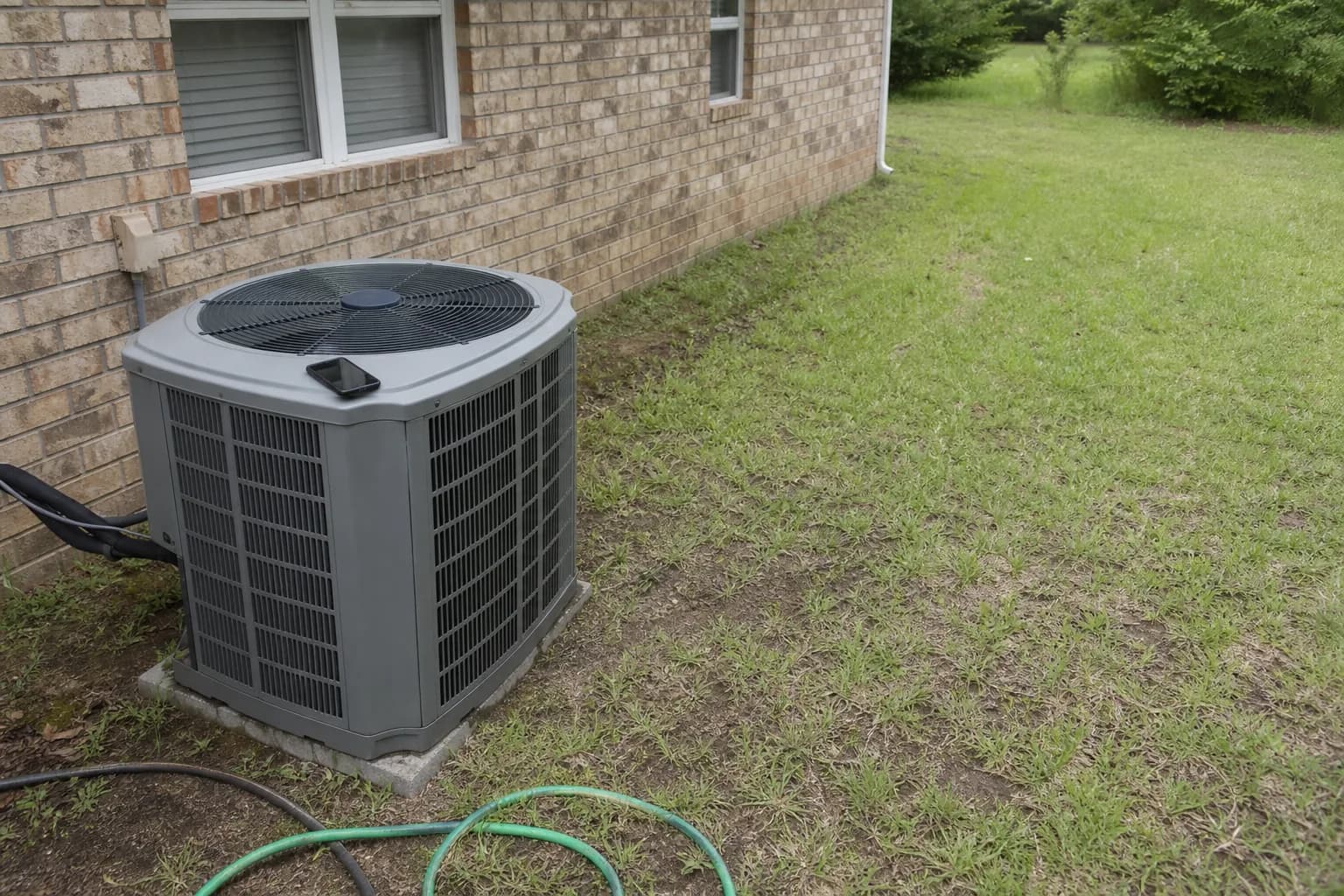 HVAC unit on an after-hours call at a Summerdale inland Baldwin County home, close-up, summer