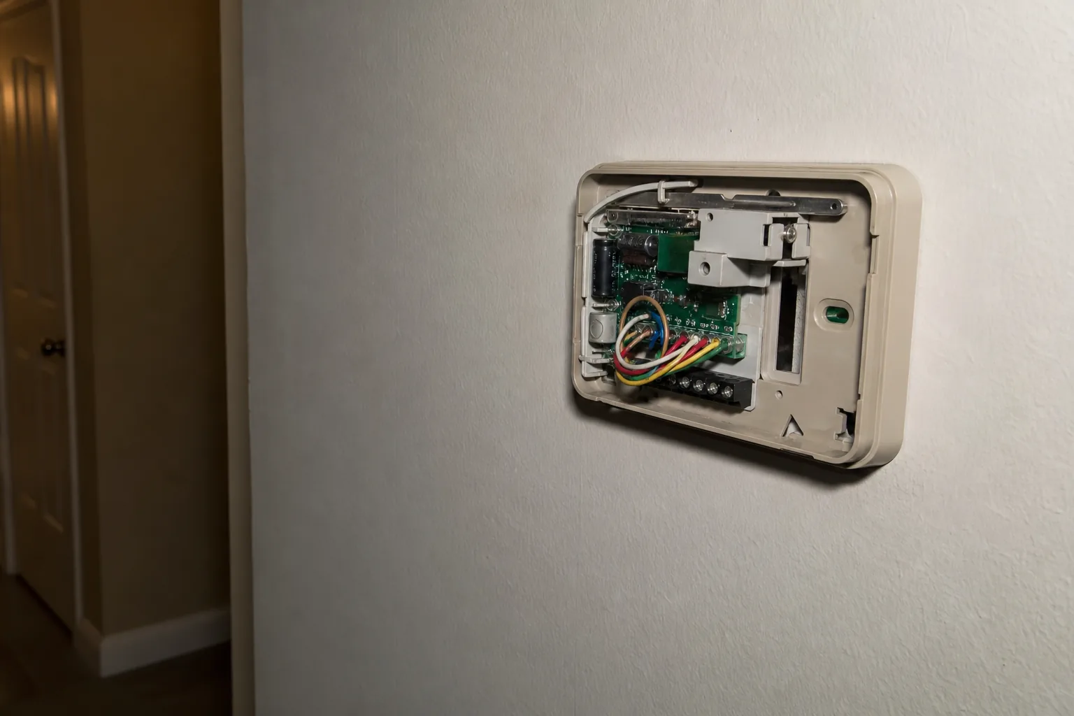 Indoor air handler being serviced in a Gulf Shores home hallway, install detail