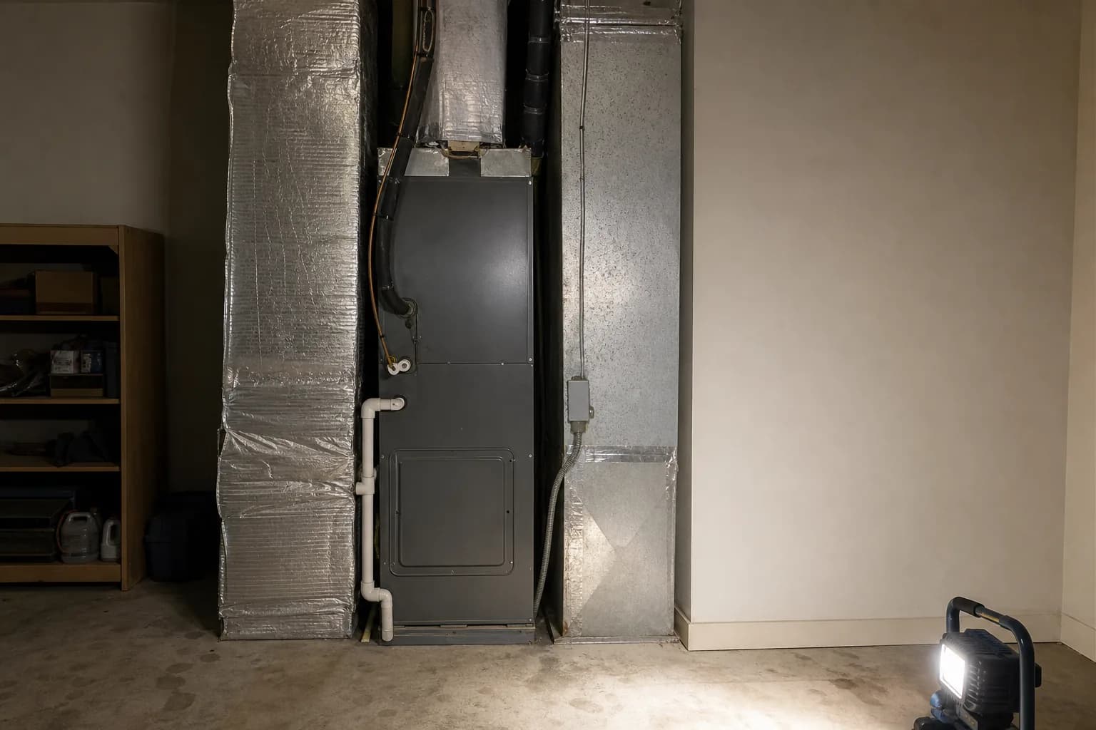 Indoor air handler being serviced in a Loxley home mechanical room, install detail