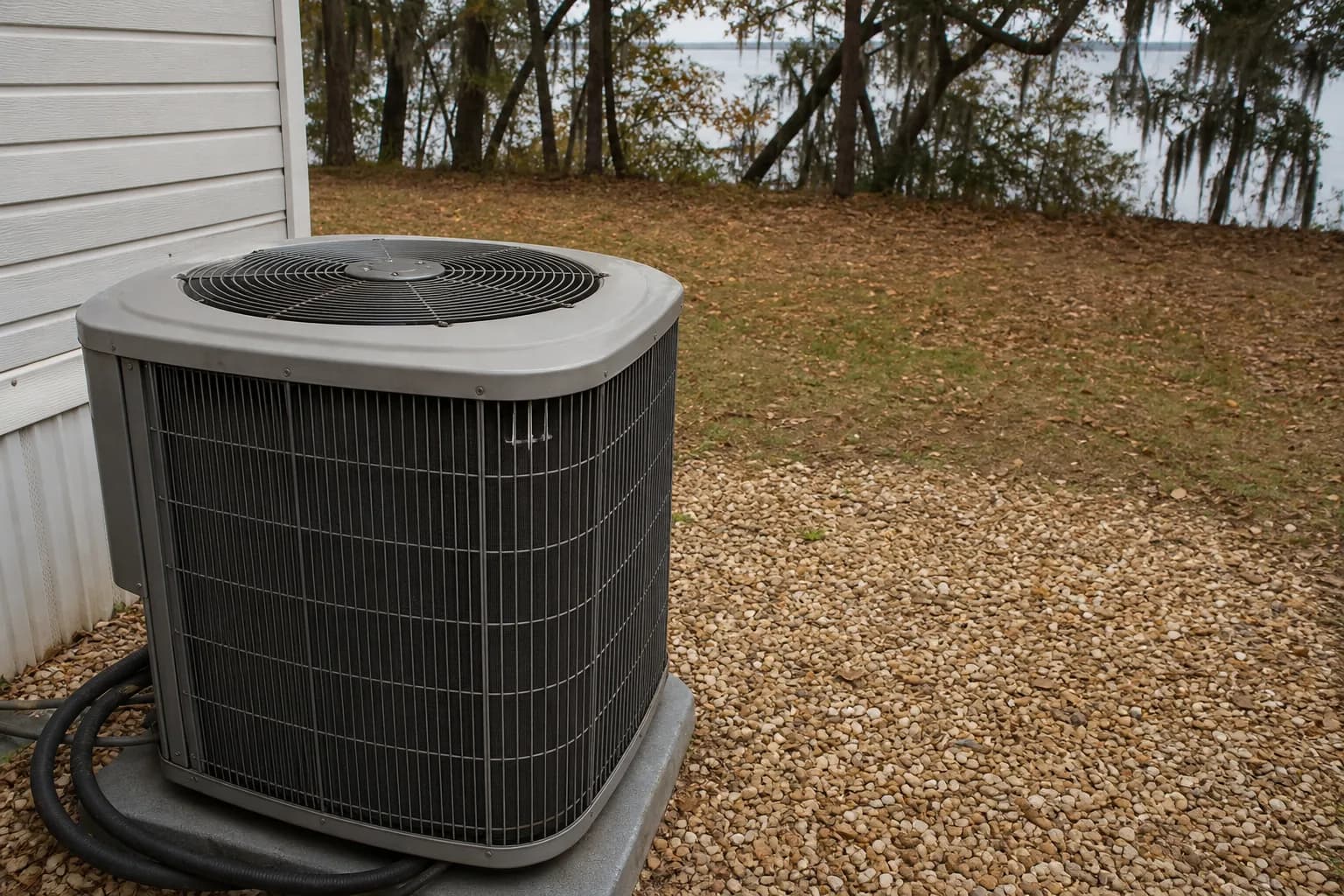 AC condenser being serviced at a Spanish Fort Mobile Bay home, pad view, fall