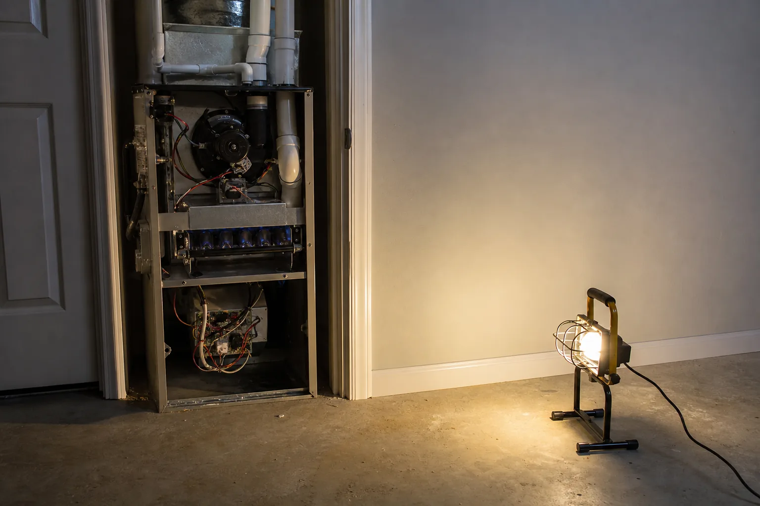 Gas furnace being serviced in a Daphne home hallway, comfort-control view