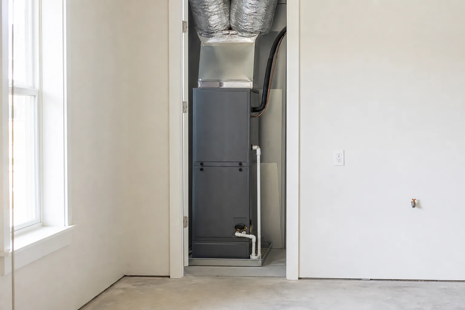 Newly installed indoor air handler in an Orange Beach home utility closet, duct detail