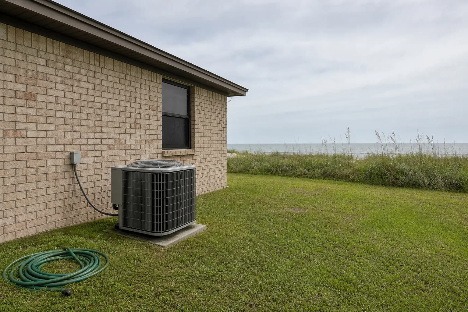 AC unit being maintained at a Gulf Shores Gulf-front home, standing-distance view, summer