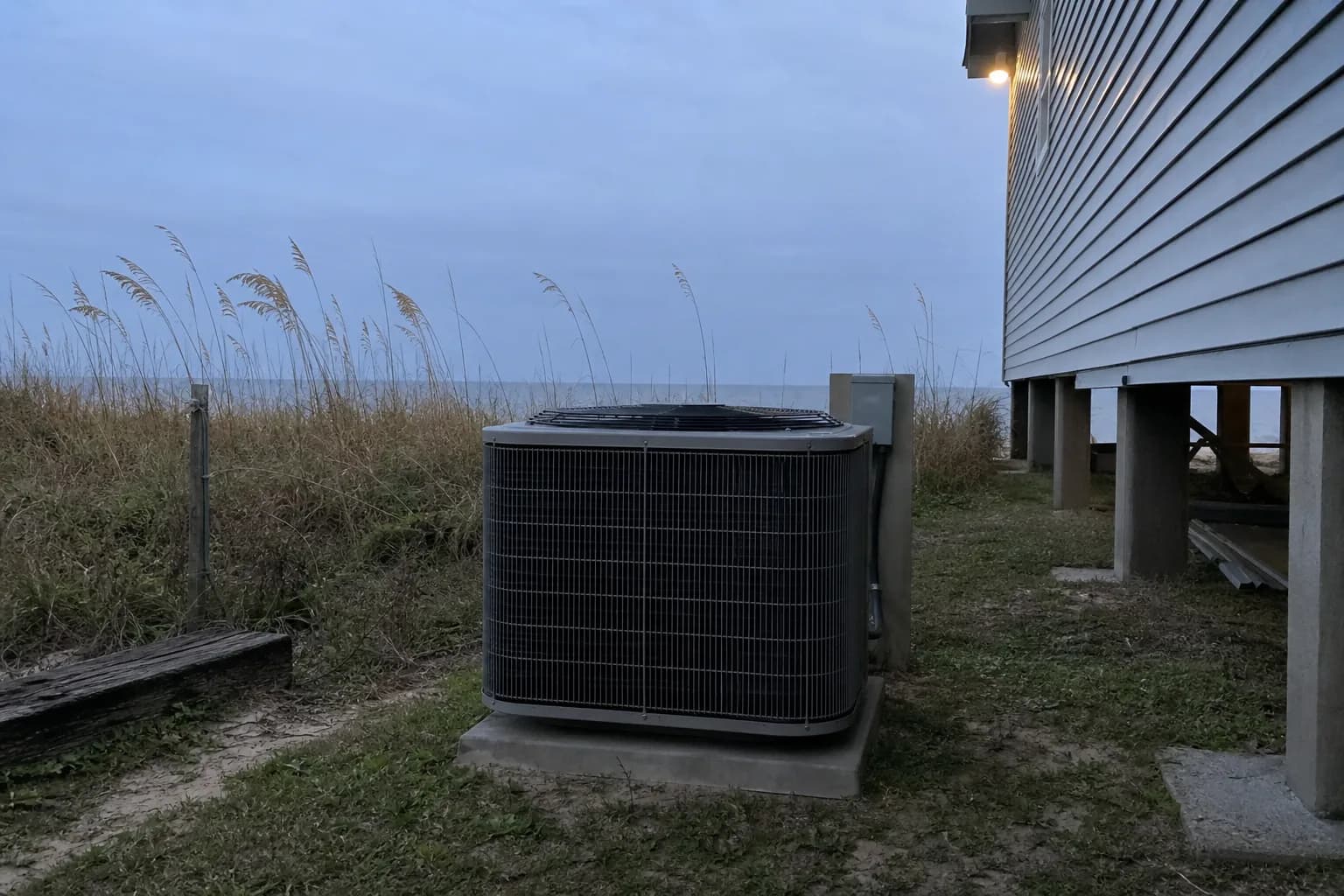 AC condenser being serviced at an Orange Beach Gulf-front home, close-up, fall
