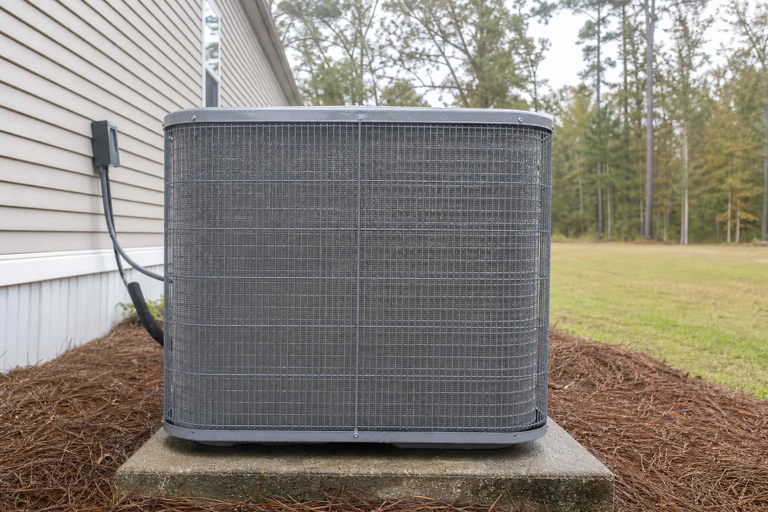 AC unit being maintained at a Robertsdale inland Baldwin County home, pad-level view, fall