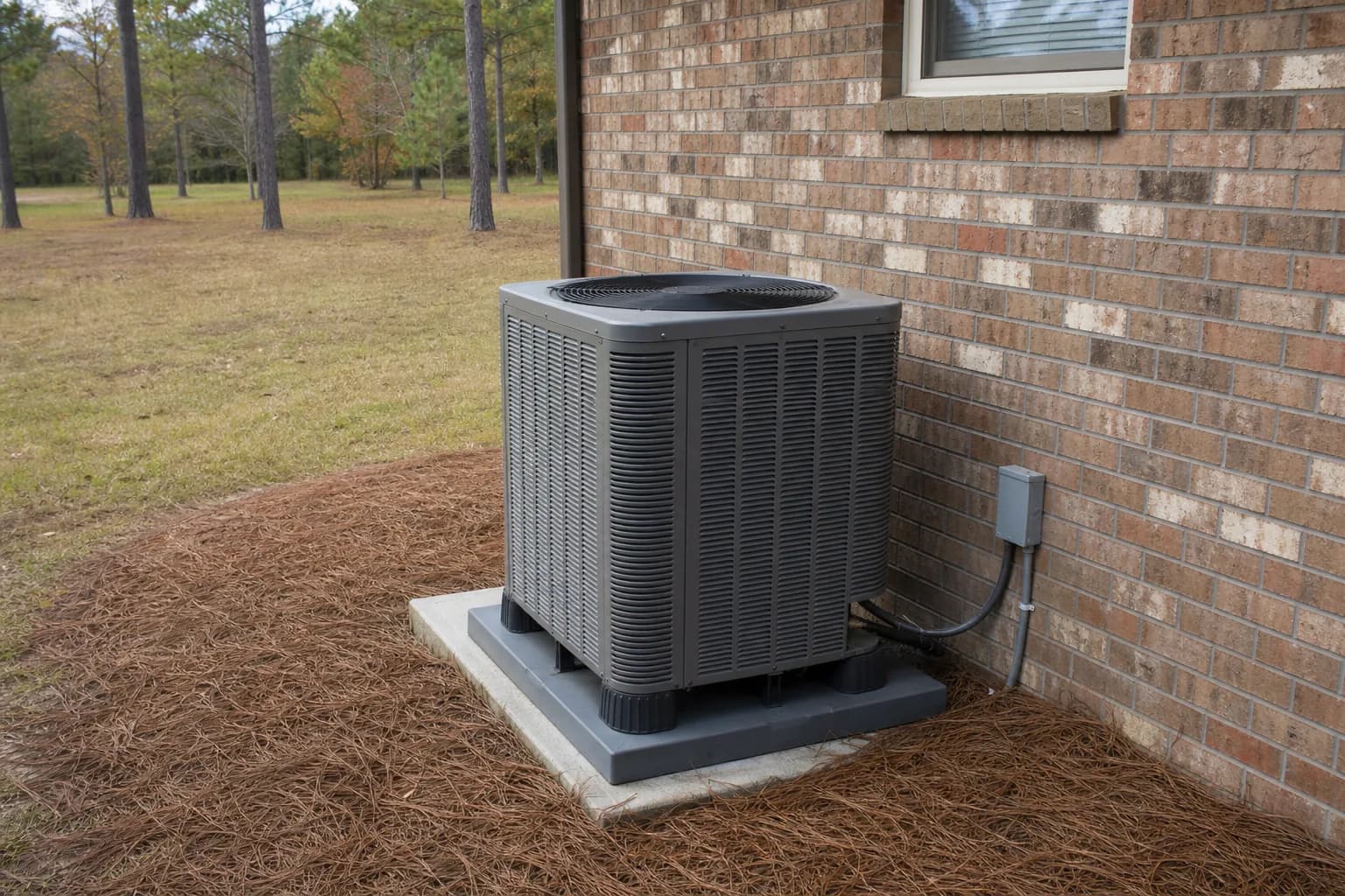 Home heat pump unit at a Bay Minette inland Baldwin County home, disconnect view, fall