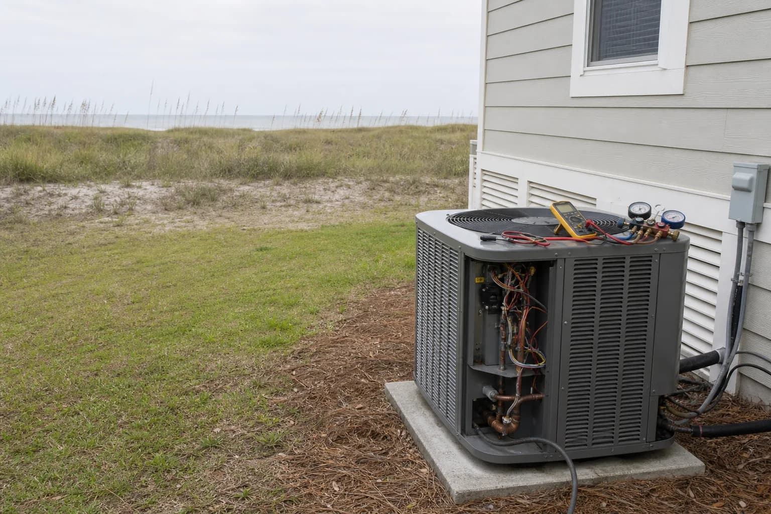 AC condenser being serviced at a Gulf Shores Gulf-front home, line-set detail, spring