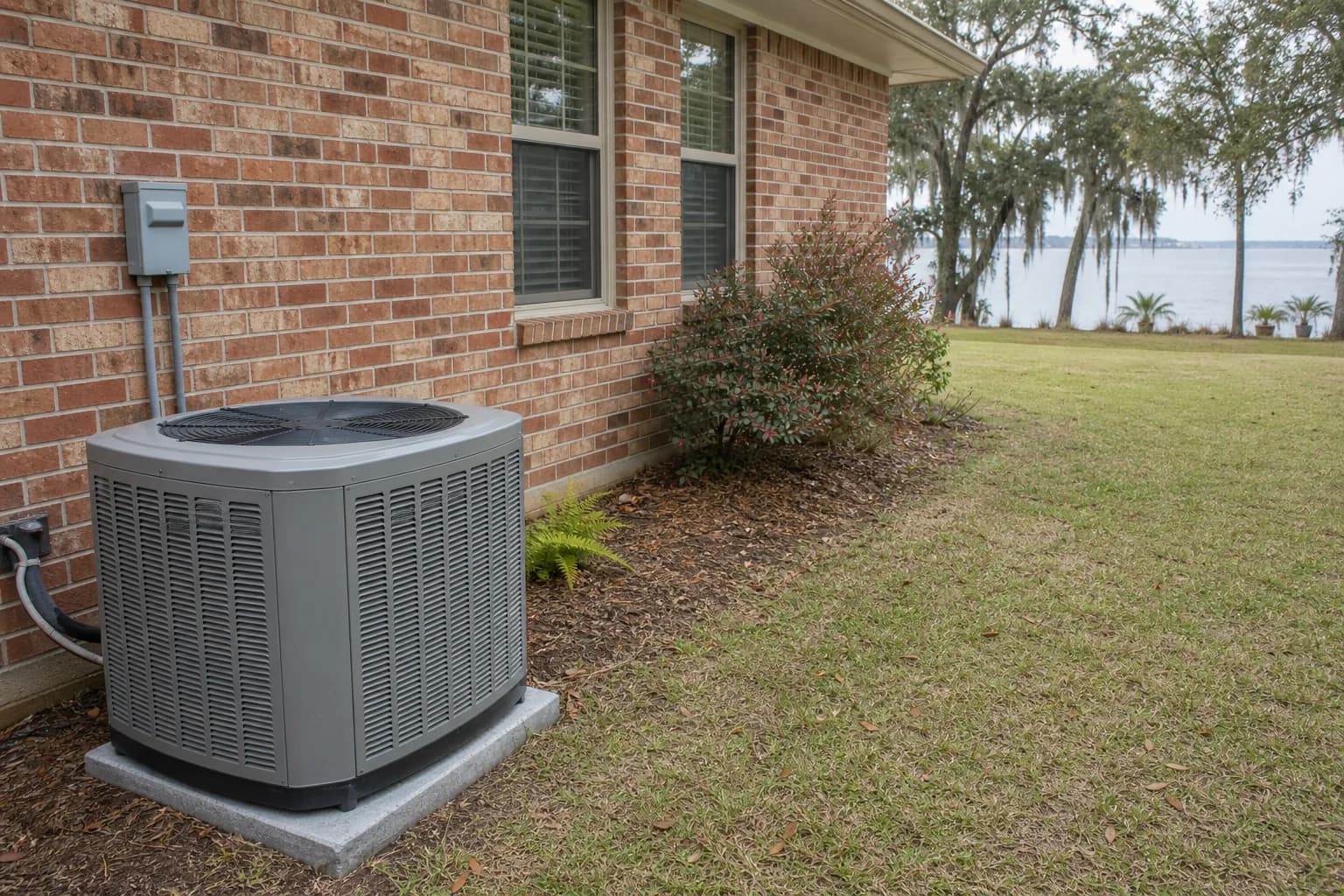 AC condenser being serviced at a Daphne Mobile Bay home, routine check, fall