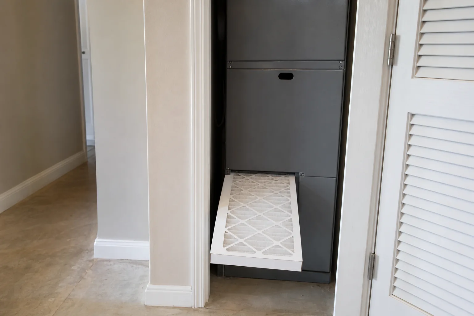 Indoor air handler and filter in a Summerdale home hallway, fresh-filter view