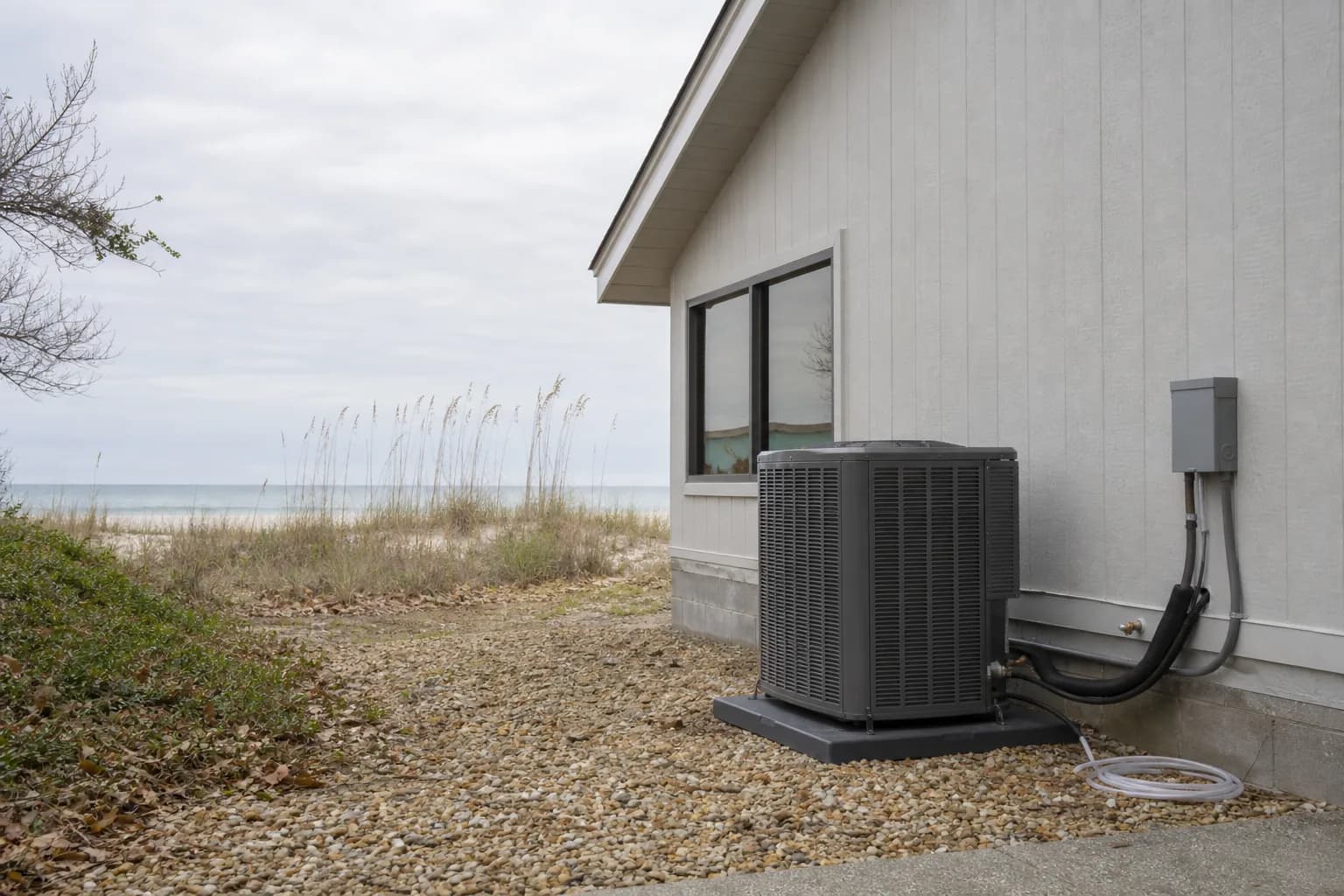 Newly installed AC condenser at a Gulf Shores Gulf-front home, disconnect view, fall