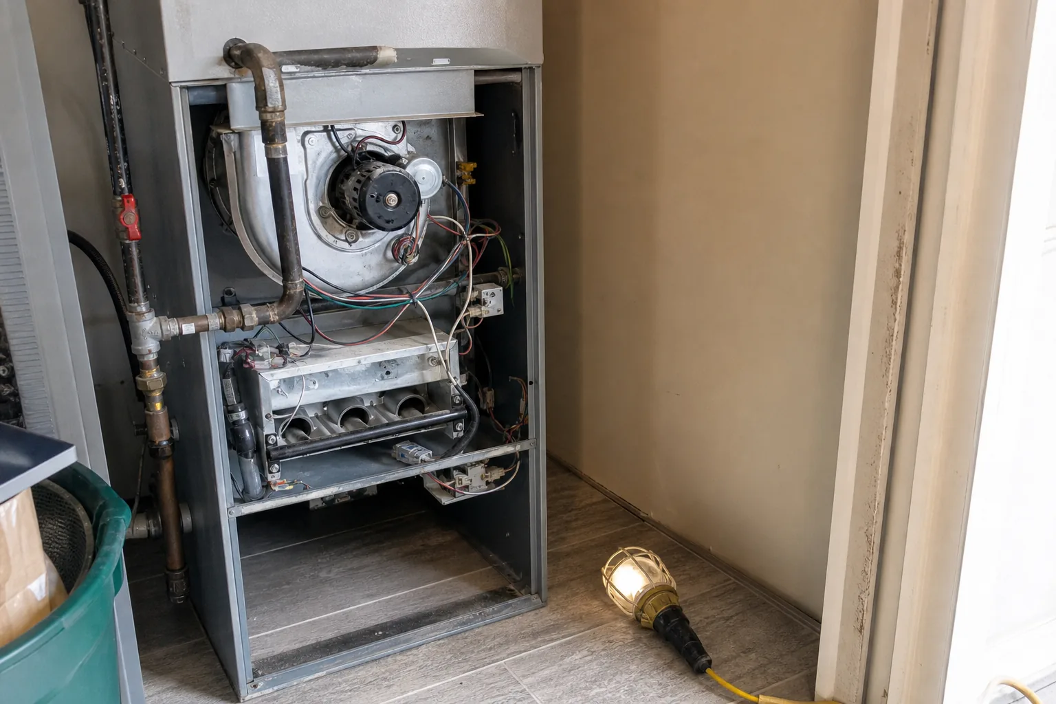 Gas furnace being serviced in a Spanish Fort home utility closet, close-up