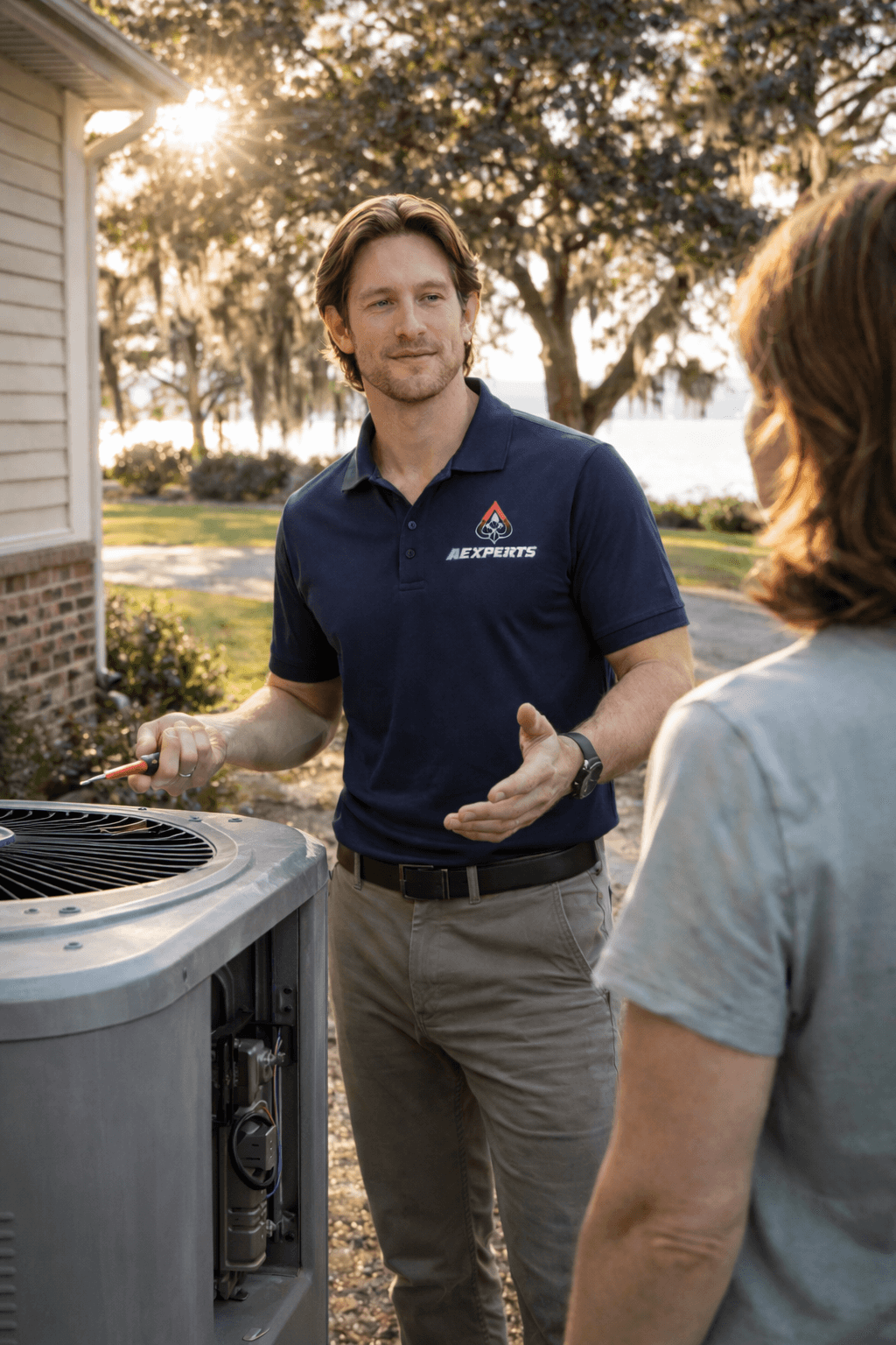 ACExperts founder Landon Jahnke explaining an HVAC diagnosis to a homeowner in Baldwin County