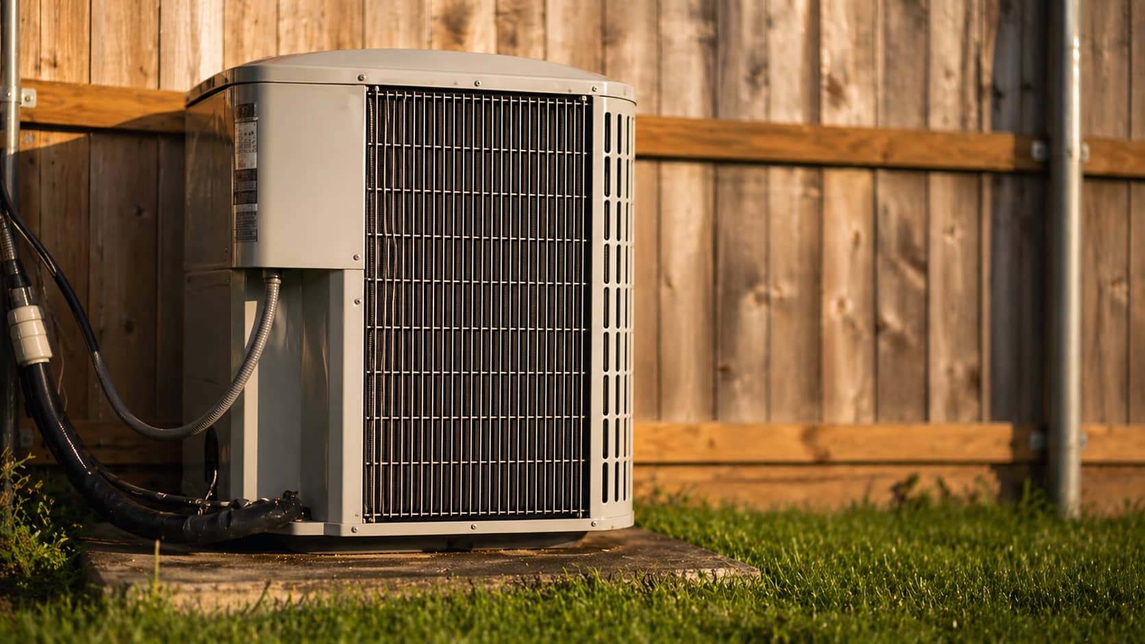 Newly installed residential AC condenser unit beside a wooden fence in warm afternoon light