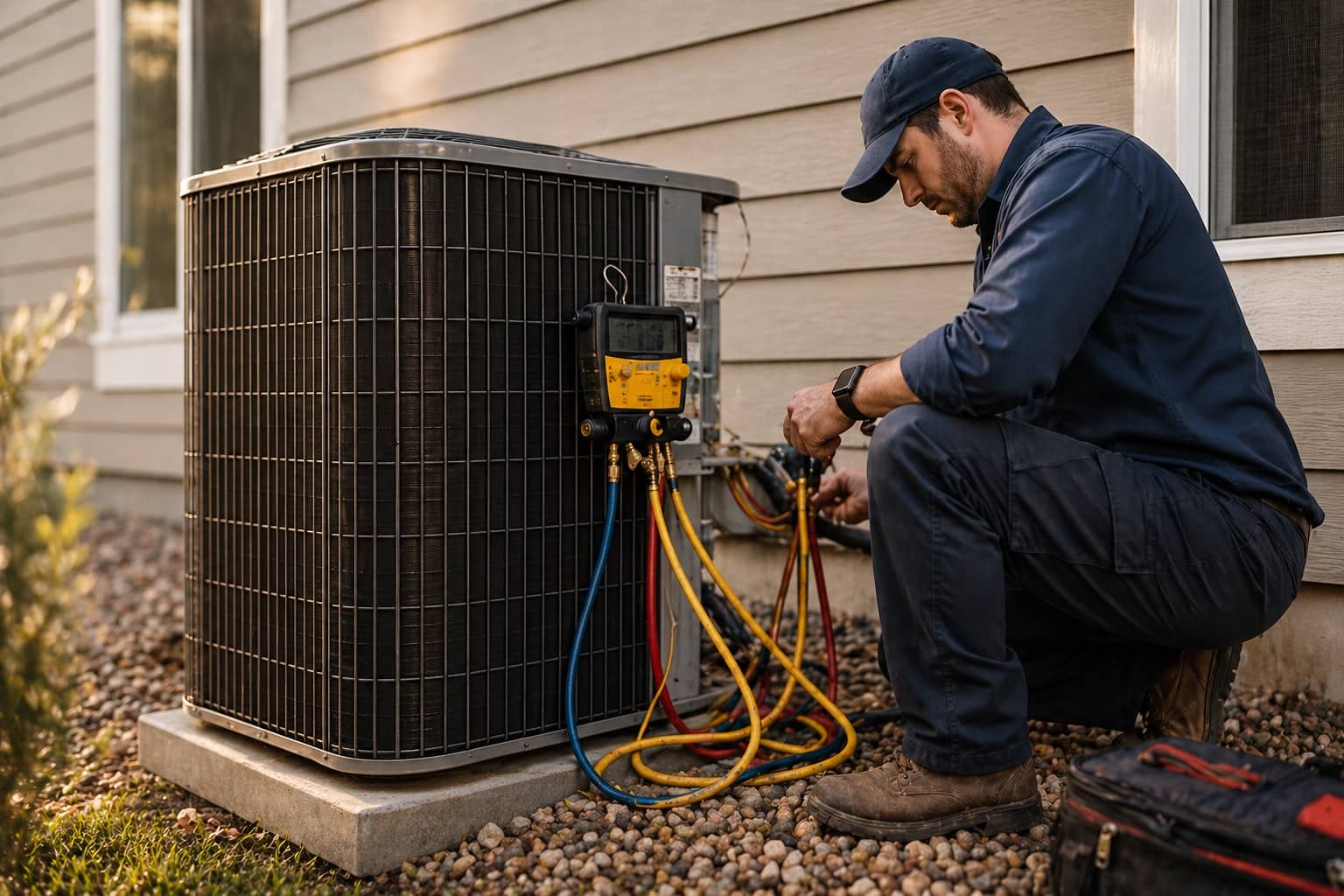 HVAC technician crouching beside outdoor AC condenser with digital manifold gauges and hoses