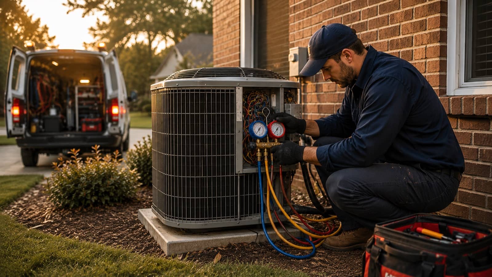 HVAC technician carrying a service toolkit toward a Baldwin County home at dusk for an after-hours emergency response call