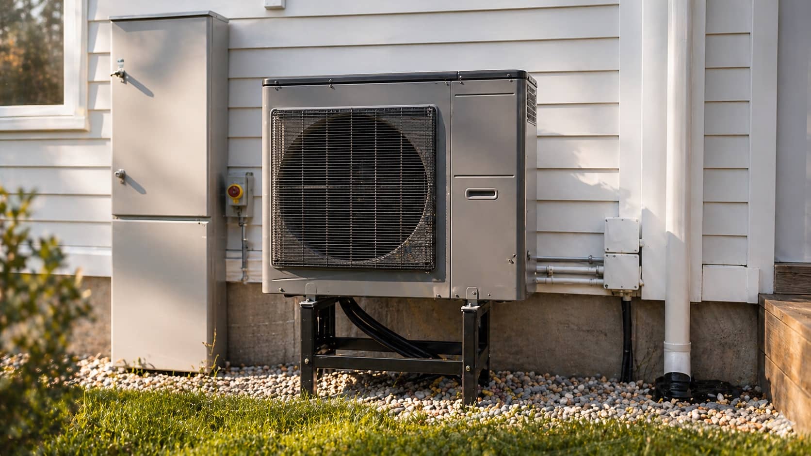 Inverter heat pump unit mounted on bracket stand beside white home siding with gravel base