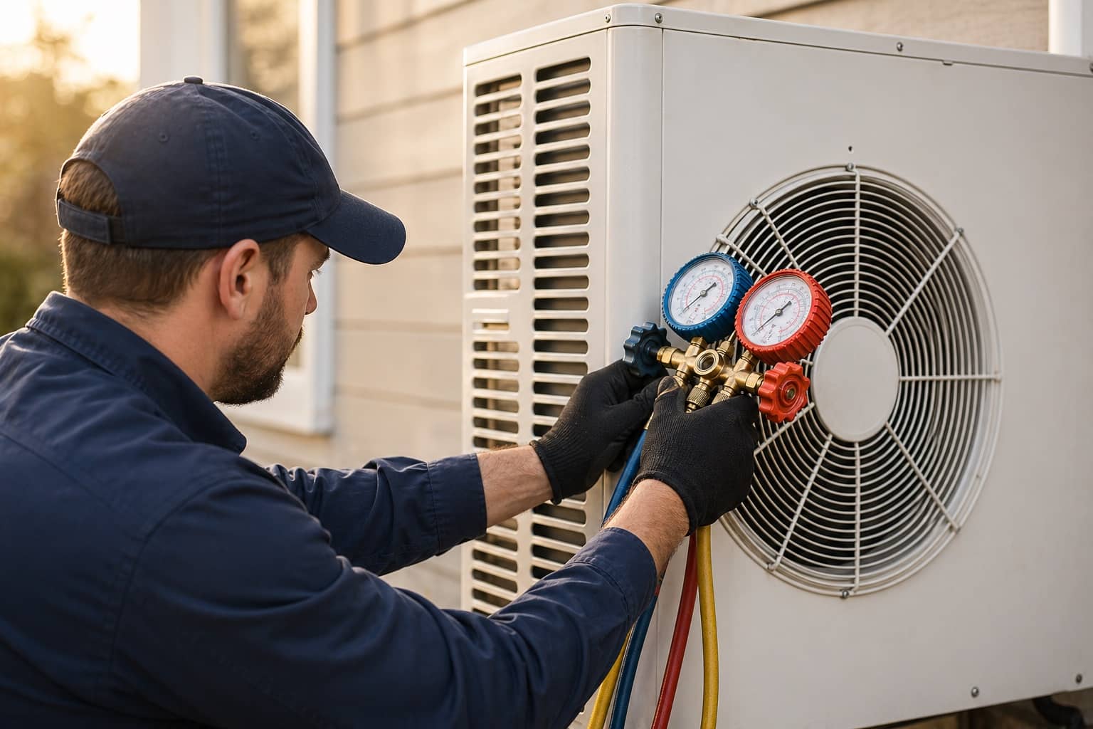 Technician in gloves connecting analog refrigerant manifold gauges to an outdoor HVAC unit