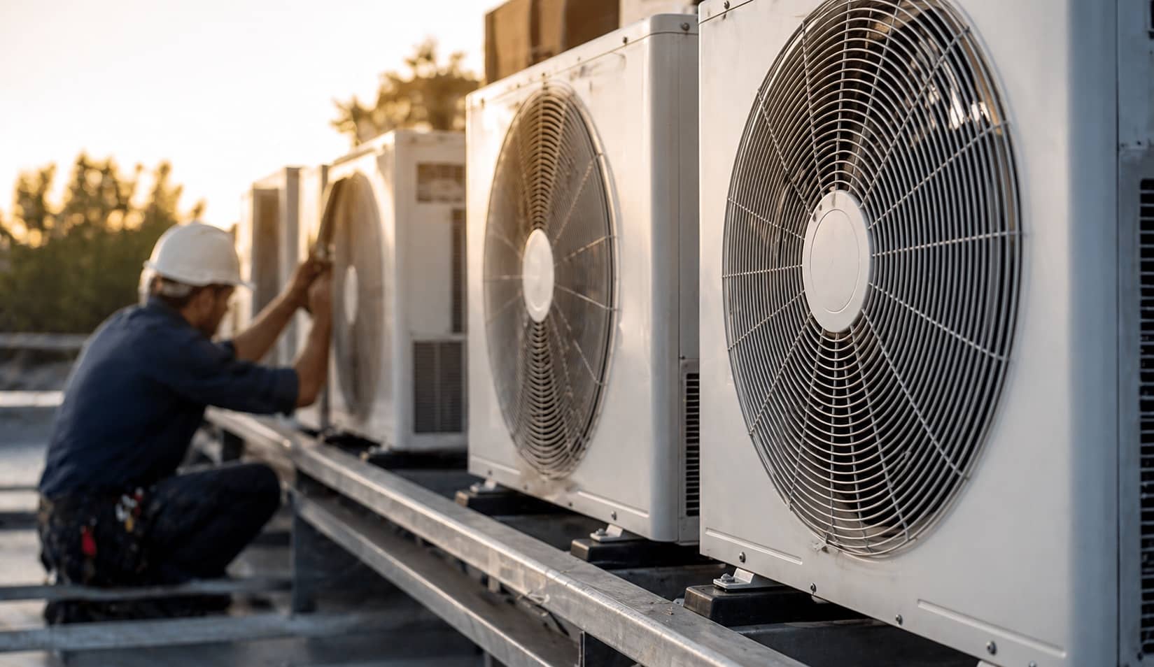 Multiple commercial rooftop HVAC condensers at sunset with technician working at far end