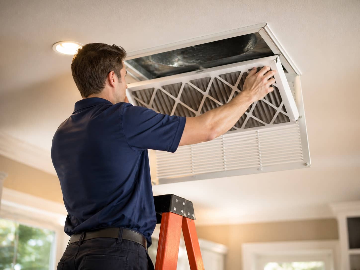 Technician on ladder replacing a large dirty HVAC air filter at a ceiling return vent