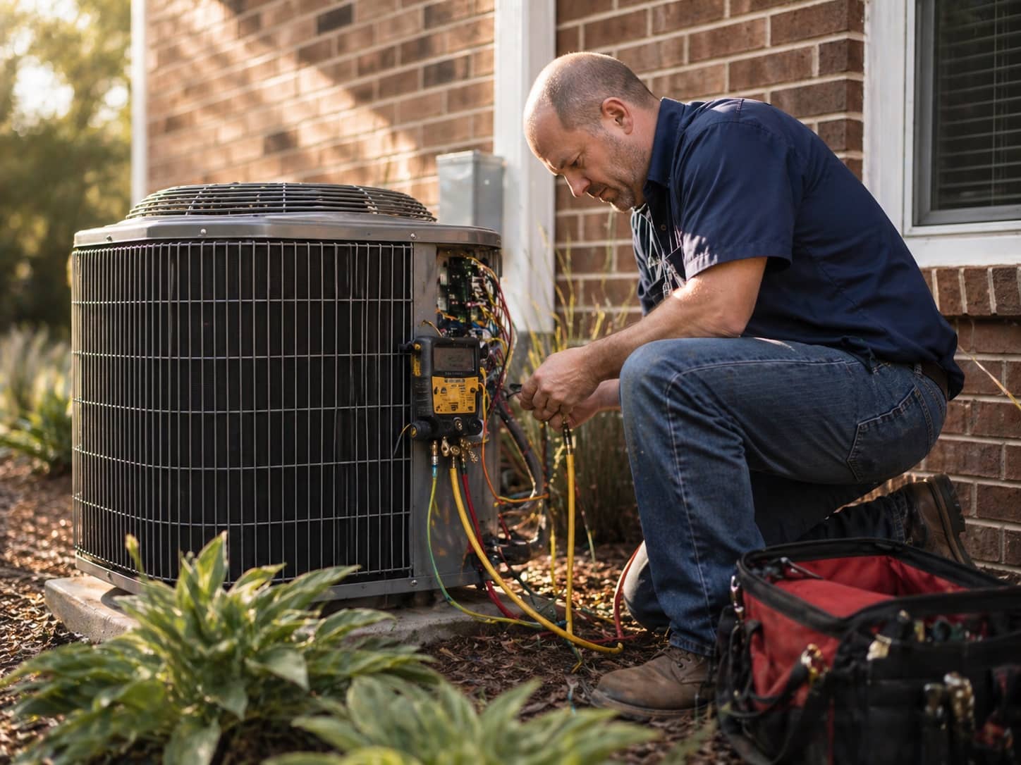 HVAC technician crouching beside condenser at brick home performing annual maintenance service